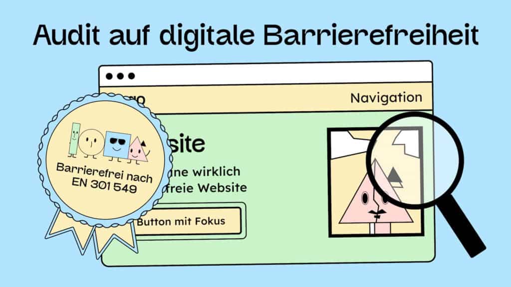 Illustration einer Website mit einer Lupe und einem Siegel, dass sie auf EN 301549 geprüft wurde.