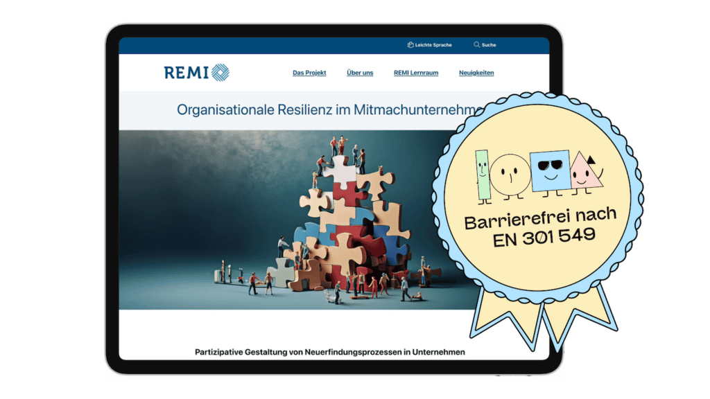 Ein Screenshot der Website vom Projekt Remi. Daneben ein Siegel: Barrierefrei nach EN 301549.