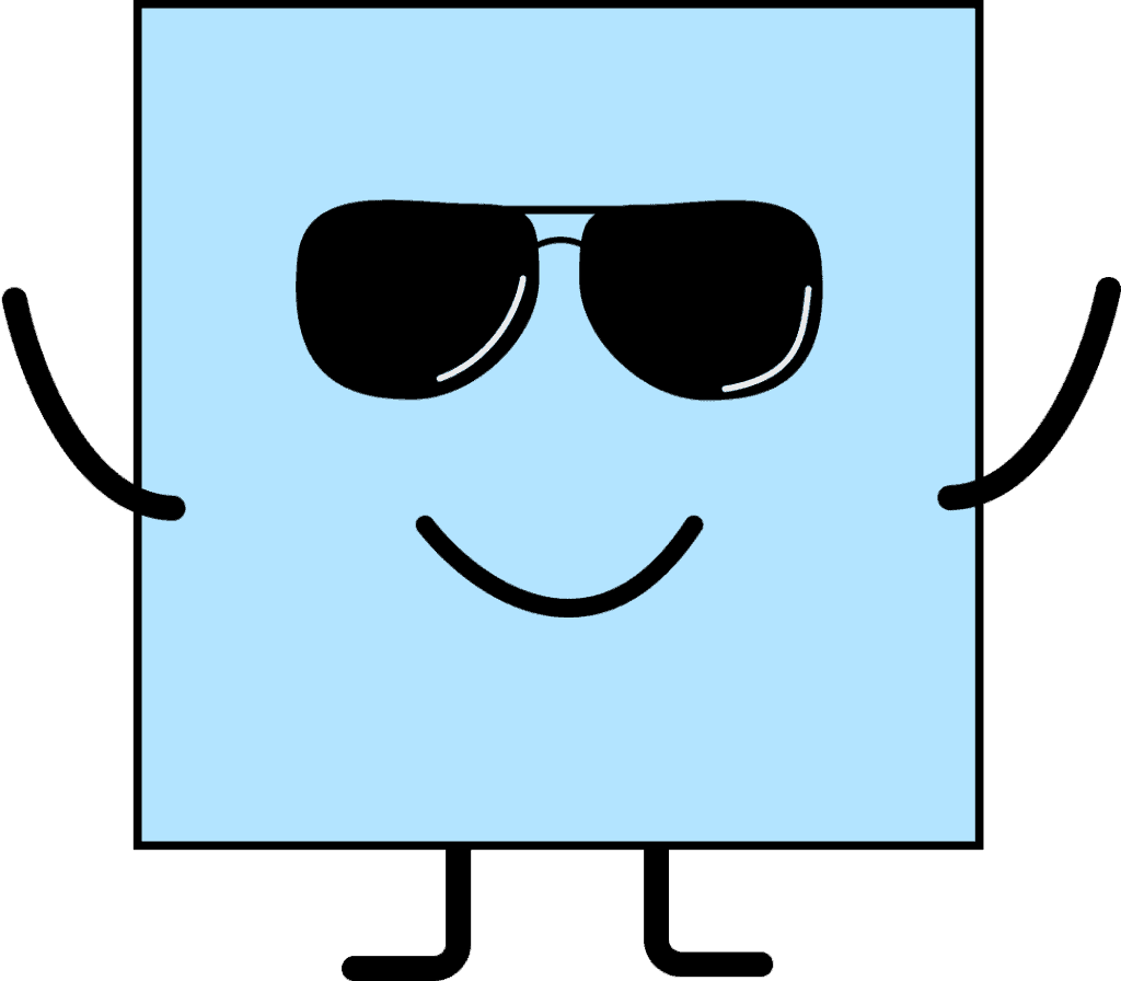 Eine Illustration von einem blauen Viereck mit Füßen, Händen und einer Sonnenbrille. Die Figur soll Blindheit symbolisieren.