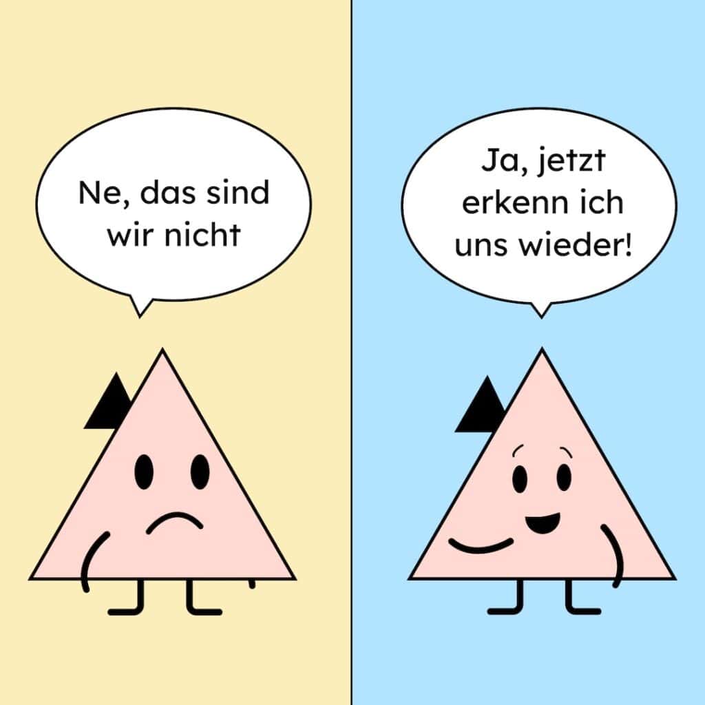 Vor dem Relaunch: Unser Maskottchen Tine ist traurig und sagt: Ne, das sind wir nicht. Nach dem Relaunch ist sie glücklich und sagt: Ja, jetzt erkenne ich uns wieder!