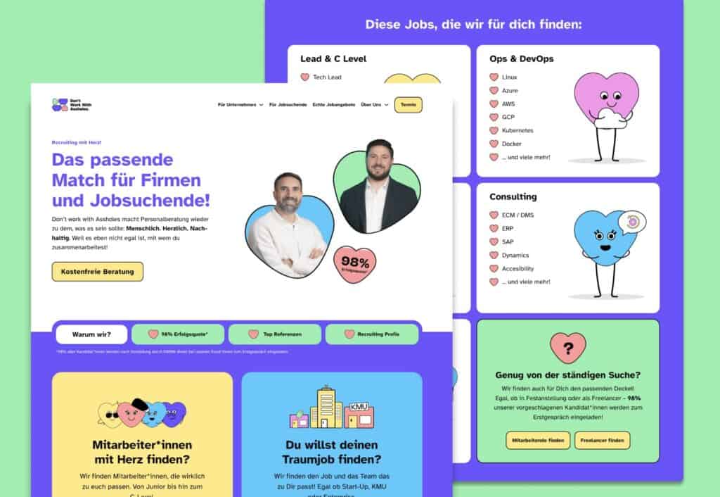 Zwei Screenshots der neuen DWWA-Webseite, die das Branding und UI-Design zeigen.