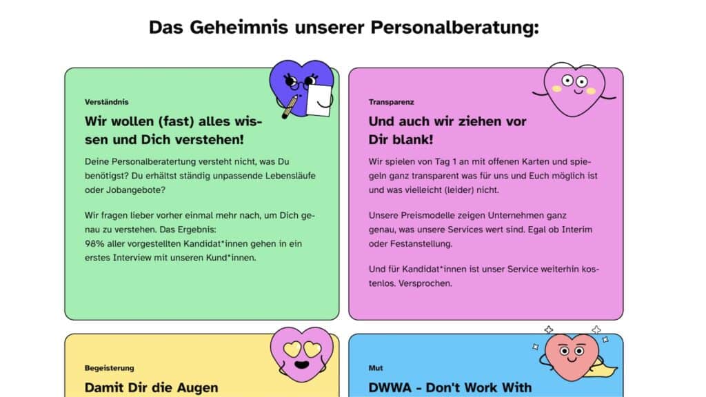 Screenshot der DWWA-Website. Es sind die Werte zu sehen: Verständnis, Transparenz, Begeisterung und Mut. Dazu ist jeweils eine Illustration eines Herzens, das zum Schalgwort passt.