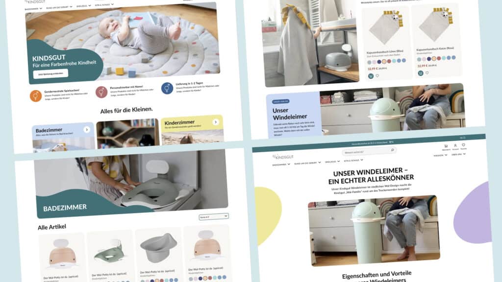Eine Zusammenstellung von 4 Screenshots der Kindsgut-Seite, die die farbenfrohe, aber strukturierte Gestaltung zeigen.