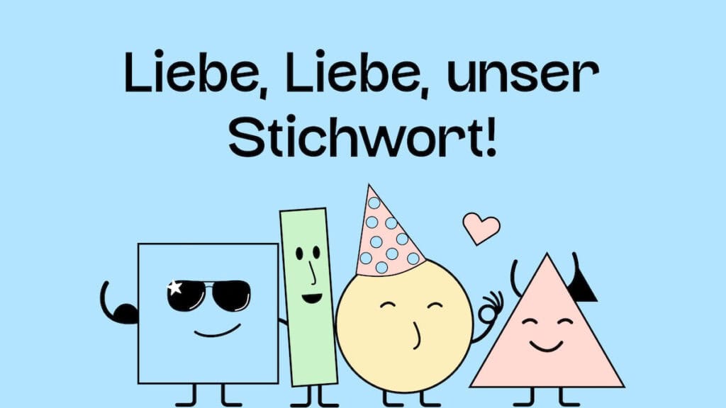 Unser Team umarmt sich, freut sich und zeigt Herzen. Darüber steht: Liebe, liebe, unser Stichwort!