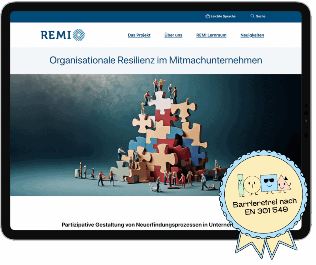 Ein Screenshot der Website vom Projekt Remi. Daneben ein Siegel: Barrierefrei nach EN 301549.