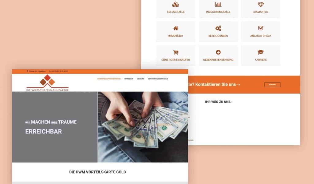 Die alte Webseite der Wirtschaftsmanufaktur. Man sieht ein sehr grelles Orange als Hauptfarbe und ein sehr unstrukturierter Aufbau.