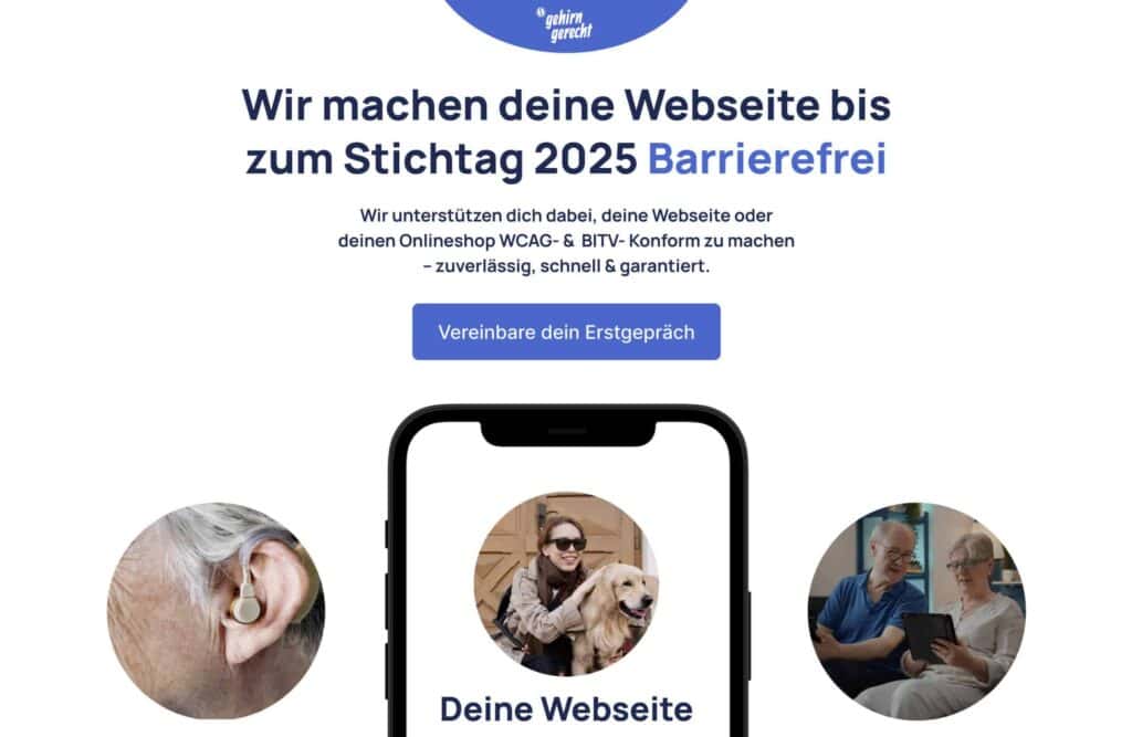 Ein Ausschnitt unserer alten Webseite mit seriöser, blauer Farbe und Bilder von Menschen mit Behinderung.