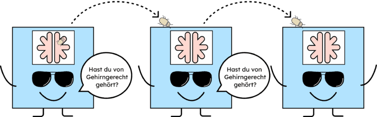 Eine illustrierte Figur sagt zu einer anderen: Hast du von Gehirngerecht gehört? Dabei sieht man, wie ein Käfer aus dem Kopf der einen Figur auf die der anderen springt und sich dort einnistet.
